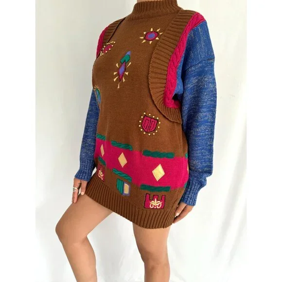 80s vintage colorful funky crazy abstract print novelty knit long sweater tunic - Picture 3 of 9